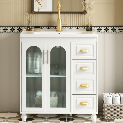Móvel de casa de banho individual 80 cm - Com lavatório cerâmico, branco