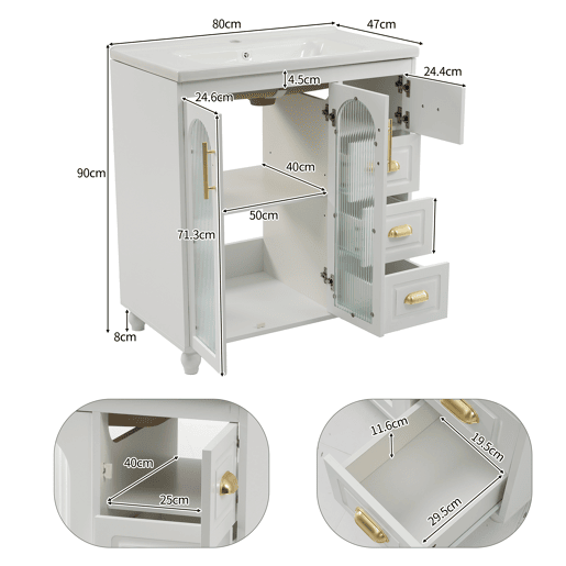 Móvel de casa de banho individual 80 cm - Com lavatório cerâmico, branco