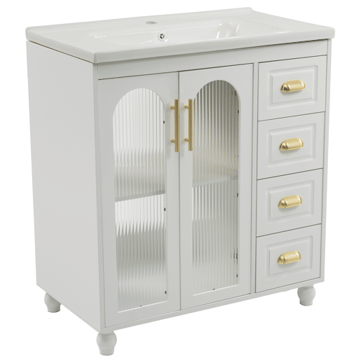 Móvel de casa de banho individual 80 cm - Com lavatório cerâmico, branco