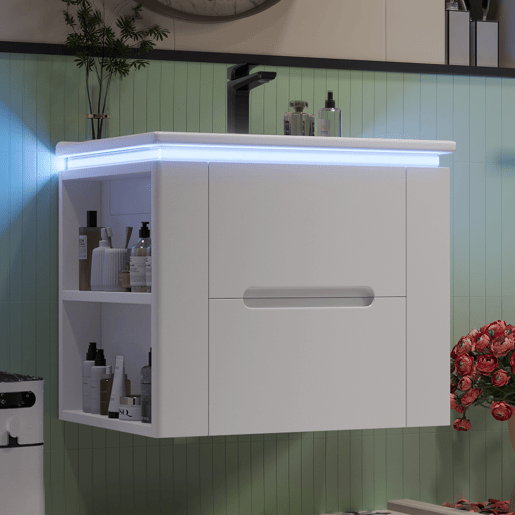Armário de casa de banho suspenso 61x46x48,5 cm - com iluminação LED, 2 gavetas, lavatório integrado - branco
