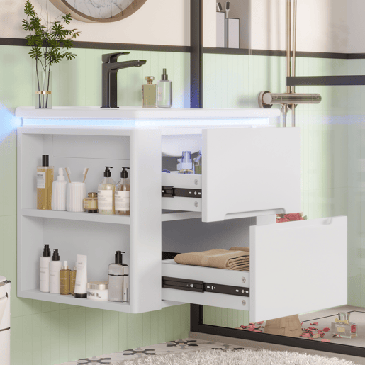 Armário de casa de banho suspenso 61x46x48,5 cm - com iluminação LED, 2 gavetas, lavatório integrado - branco
