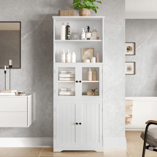 Armário de casa de banho alto 57,4 x 28,5 x 160 cm - com arrumação, portas de vidro e madeira, prateleiras ajustáveis, branco