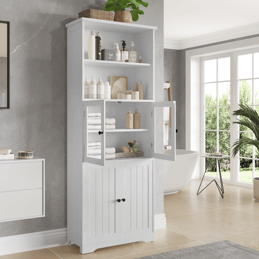 Armário de casa de banho alto 57,4 x 28,5 x 160 cm - com arrumação, portas de vidro e madeira, prateleiras ajustáveis, branco