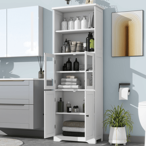 Armário de casa de banho alto 57,4 x 28,5 x 160 cm - com arrumação, portas de vidro e madeira, prateleiras ajustáveis, branco