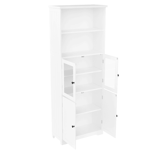 Armário de casa de banho alto 57,4 x 28,5 x 160 cm - com arrumação, portas de vidro e madeira, prateleiras ajustáveis, branco