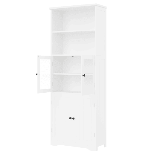 Armário de casa de banho alto 57,4 x 28,5 x 160 cm - com arrumação, portas de vidro e madeira, prateleiras ajustáveis, branco