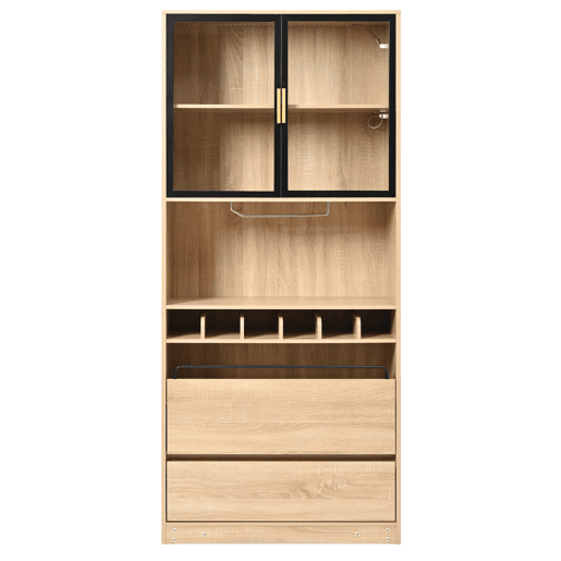 Armário de casa de banho 180 cm - Vitrine com portas de vidro e iluminação - Natural Armário de casa de banho 180 cm - Vitrine com portas de vidro e iluminação - Natural
