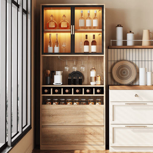 Armário de casa de banho 180 cm - Vitrine com portas de vidro e iluminação - Natural Armário de casa de banho 180 cm - Vitrine com portas de vidro e iluminação - Natural