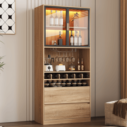 Armário de casa de banho 180 cm - Vitrine com portas de vidro e iluminação - Natural Armário de casa de banho 180 cm - Vitrine com portas de vidro e iluminação - Natural