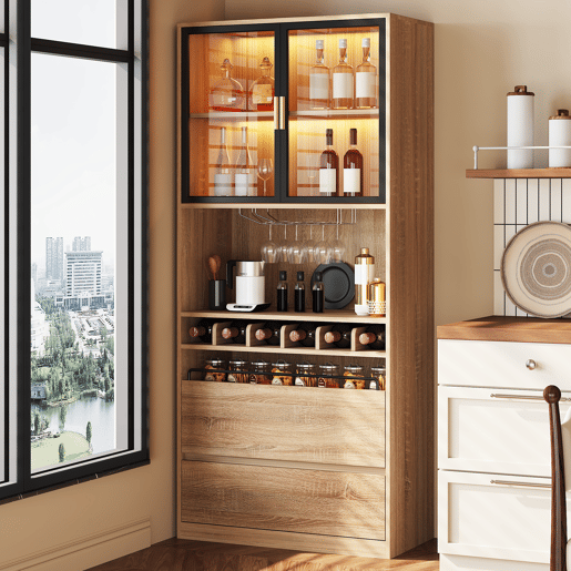 Armário de casa de banho 180 cm - Vitrine com portas de vidro e iluminação - Natural Armário de casa de banho 180 cm - Vitrine com portas de vidro e iluminação - Natural