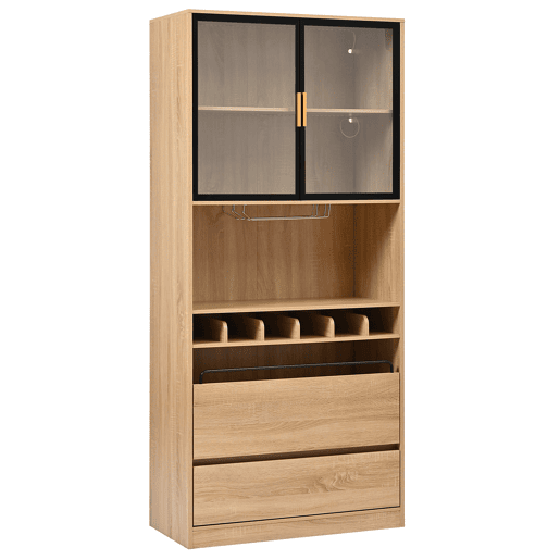 Armário de casa de banho 180 cm - Vitrine com portas de vidro e iluminação - Natural Armário de casa de banho 180 cm - Vitrine com portas de vidro e iluminação - Natural