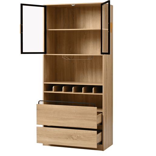 Armário de casa de banho 180 cm - Vitrine com portas de vidro e iluminação - Natural Armário de casa de banho 180 cm - Vitrine com portas de vidro e iluminação - Natural