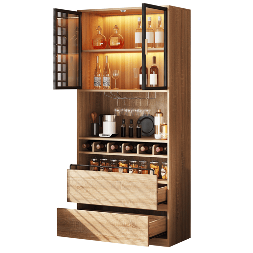 Armário de casa de banho 180 cm - Vitrine com portas de vidro e iluminação - Natural Armário de casa de banho 180 cm - Vitrine com portas de vidro e iluminação - Natural
