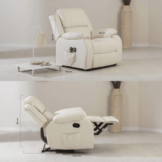 Sillón Relax Trevi Nalui Reclinable 160º, 8 Motores Silenciosos, Calor Lumbar, 4 Zonas de Masaje y PU Anti-Cuarteo Beig