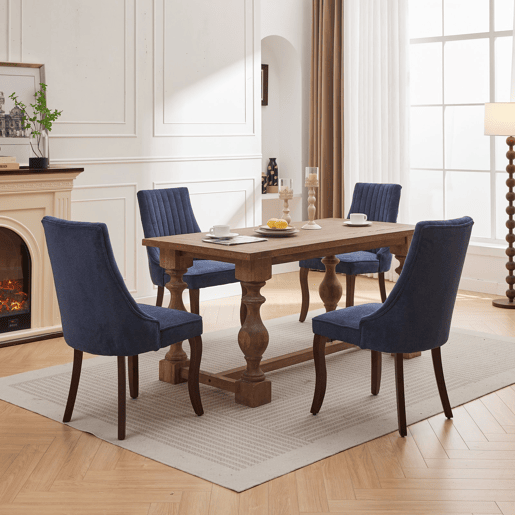 Cadeira de sala de jantar 2 unidades - Estofada em chenille com encosto canalizado e pernas de madeira curvadas - Azul
