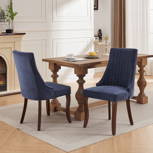 Cadeira de sala de jantar 2 unidades - Estofada em chenille com encosto canalizado e pernas de madeira curvadas - Azul