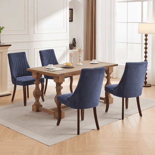Cadeira de sala de jantar 2 unidades - Estofada em chenille com encosto canalizado e pernas de madeira curvadas - Azul