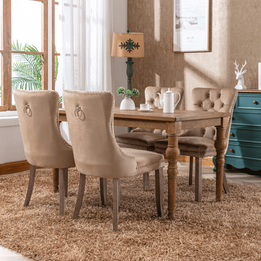 Cadeira de sala de jantar 2 unidades - Veludo acolchoado, pernas de madeira, tachas - Cáqui