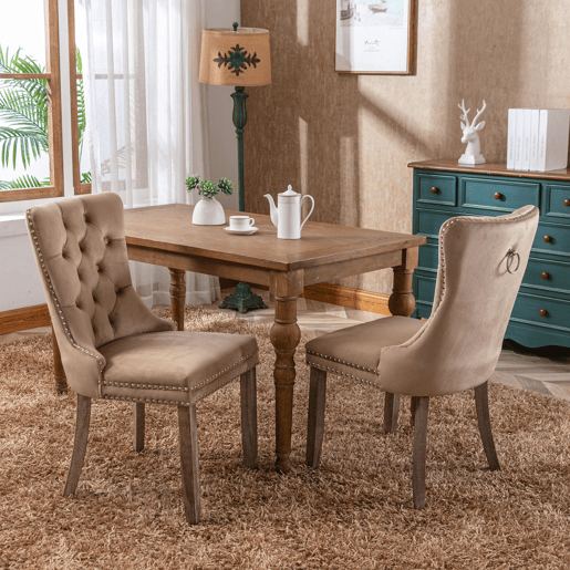 Cadeira de sala de jantar 2 unidades - Veludo acolchoado, pernas de madeira, tachas - Cáqui