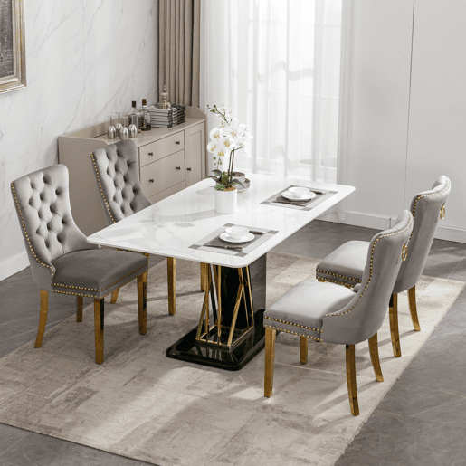 Conjunto de 2 cadeiras de sala de jantar - estofadas em veludo capitoné com pernas douradas - cinza