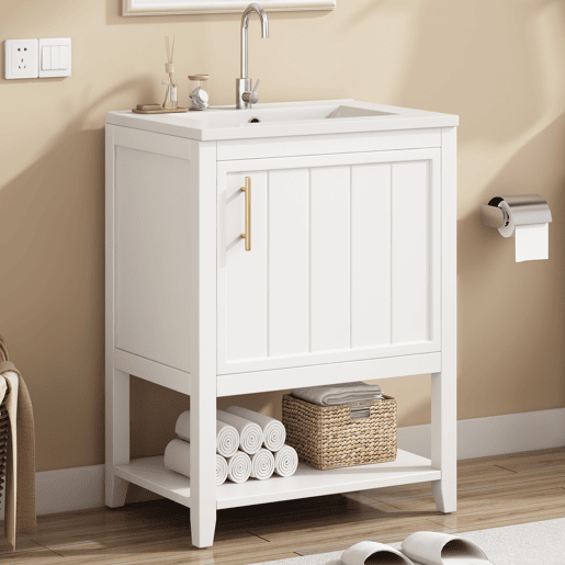 Móvel de casa de banho com lavatório em cerâmica - com arrumação - Branco (torneira não incluída)
