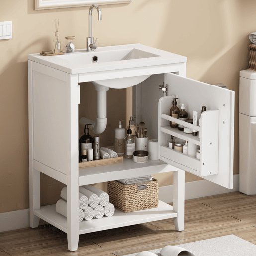 Móvel de casa de banho com lavatório em cerâmica - com arrumação - Branco (torneira não incluída)