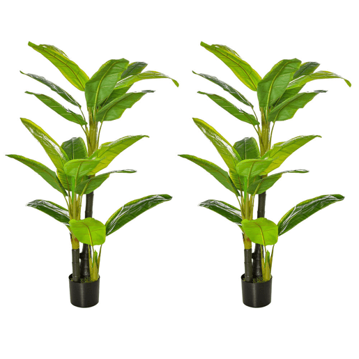 HOMCOM Conjunto de 2 Bananeiras Artificiais 150 cm Plantas Artificiais com Vaso e 18 Folhas Planta Artificial para Decoração de Casa Varanda Jardim Sala de Estar Escritório Verde
