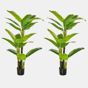 HOMCOM Conjunto de 2 Bananeiras Artificiais 150 cm Plantas Artificiais com Vaso e 18 Folhas Planta Artificial para Decoração de Casa Varanda Jardim Sala de Estar Escritório Verde