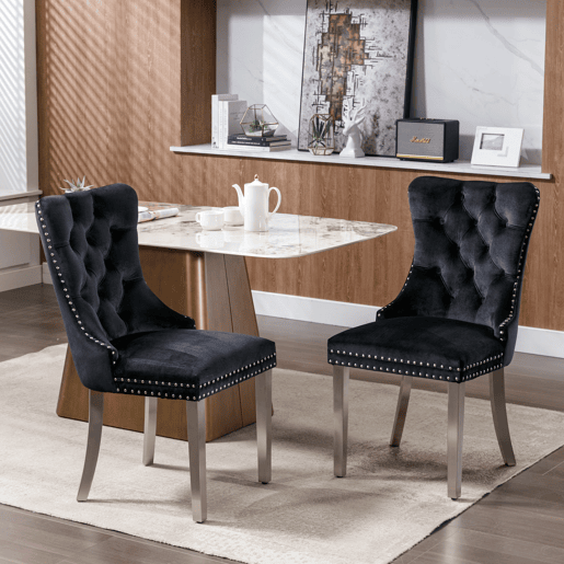 Cadeira de sala de jantar 2 unidades - Moderna, estofada em veludo com pernas cromadas - Preto e cromado