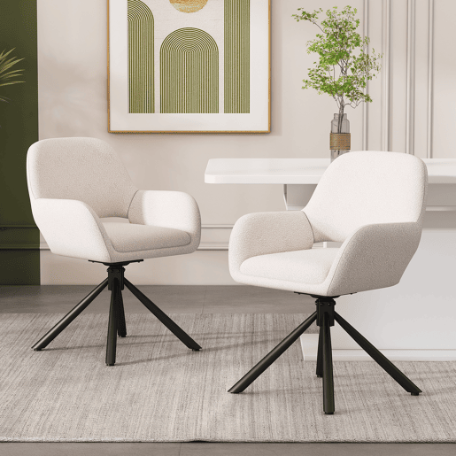 Conjunto de 2 cadeiras giratórias com braços - em tecido de sherpa - estilo moderno - Branco