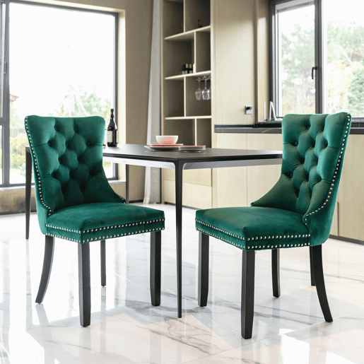 Cadeiras de sala de jantar 2 unidades - veludo capitoné, pernas de madeira, tachas - verde