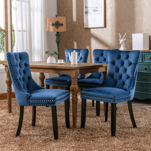 Cadeiras de sala de jantar 2 unidades - veludo capitoné, pernas de madeira com tachas - azul