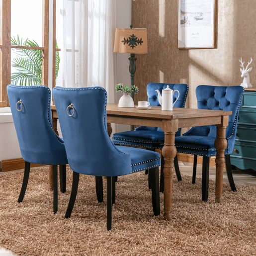 Cadeiras de sala de jantar 2 unidades - veludo capitoné, pernas de madeira com tachas - azul