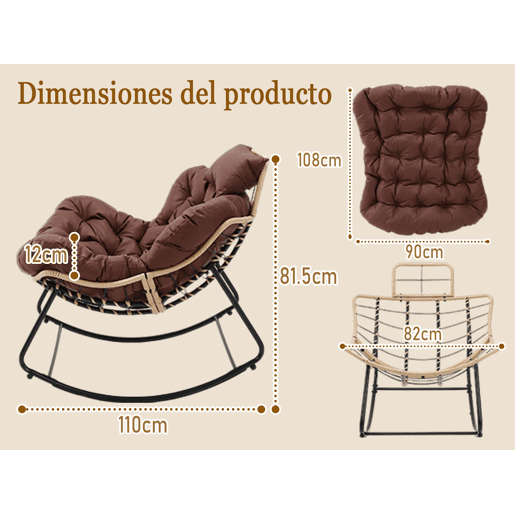 Cadeira de baloiço de exterior HomeMiYN com almofada espessa e vime sintético