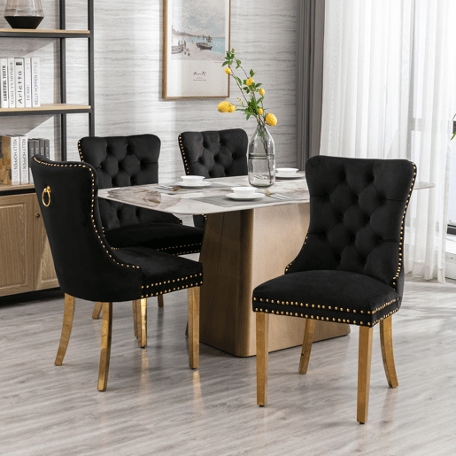 Cadeira de sala de jantar 2 unidades - Moderna, estofada em veludo com pernas douradas e tachas - Preto