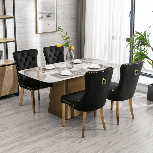 Cadeira de sala de jantar 2 unidades - Moderna, estofada em veludo com pernas douradas e tachas - Preto