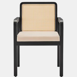 Cadeira de jantar em veludo (6 unidades) - Ergonómica, encosto em rattan, pernas em madeira de borracha - Preto
