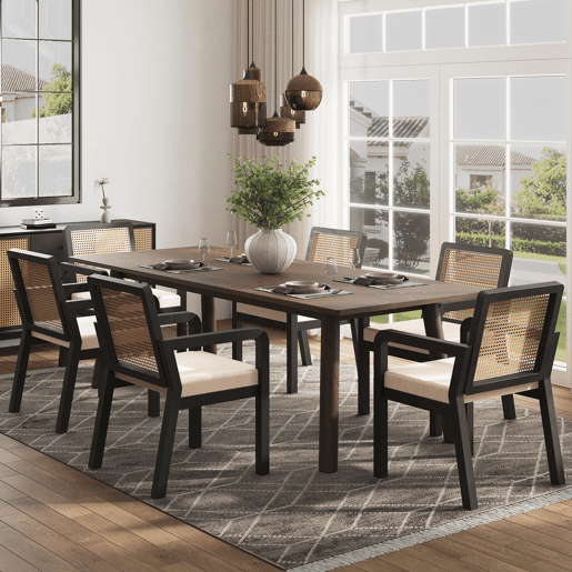 Cadeira de jantar em veludo (6 unidades) - Ergonómica, encosto em rattan, pernas em madeira de borracha - Preto