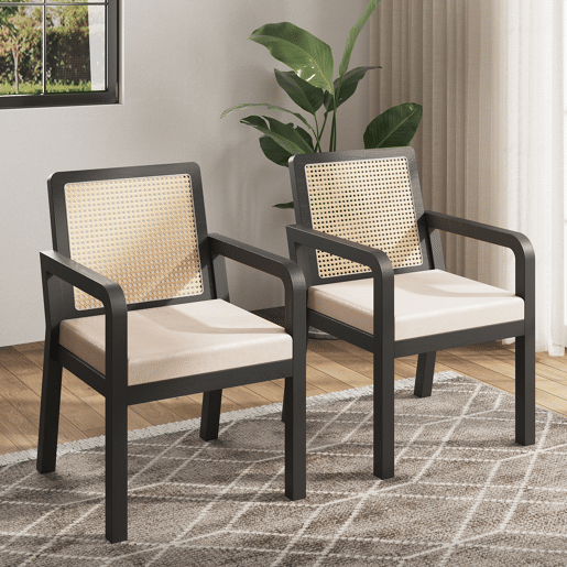 Cadeira de jantar em veludo (6 unidades) - Ergonómica, encosto em rattan, pernas em madeira de borracha - Preto
