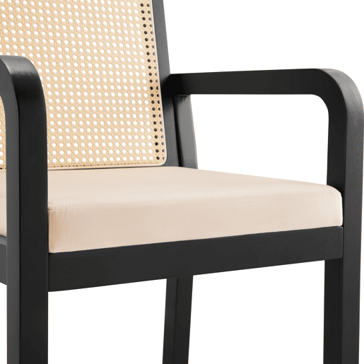 Cadeira de jantar em veludo (6 unidades) - Ergonómica, encosto em rattan, pernas em madeira de borracha - Preto