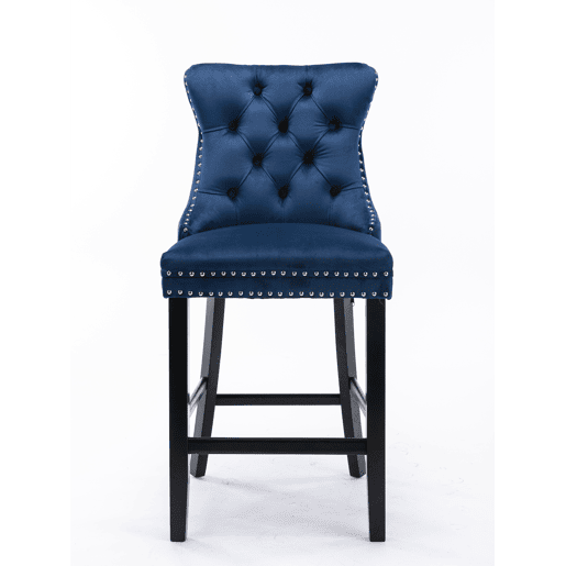 Conjunto de 2 bancos de bar - veludo capitoné, pernas de madeira - azul