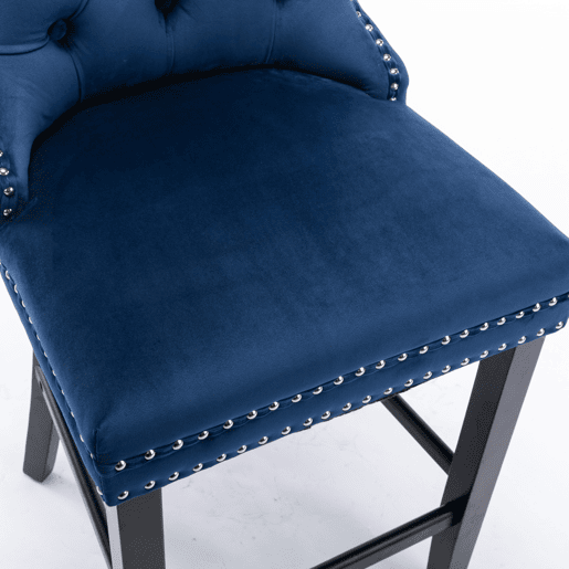 Conjunto de 2 bancos de bar - veludo capitoné, pernas de madeira - azul