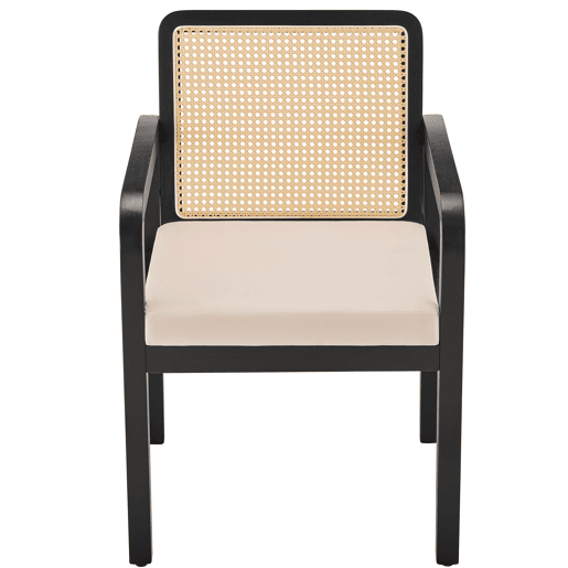 Cadeira de jantar em veludo (2 peças) - Ergonómica, encosto em rattan, pernas em madeira de borracha - Preto