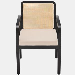 Cadeira de jantar em veludo (2 peças) - Ergonómica, encosto em rattan, pernas em madeira de borracha - Preto