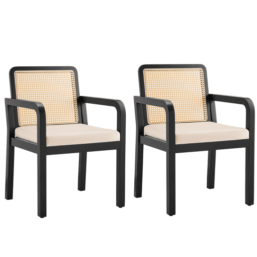 Cadeira de jantar em veludo (2 peças) - Ergonómica, encosto em rattan, pernas em madeira de borracha - Preto