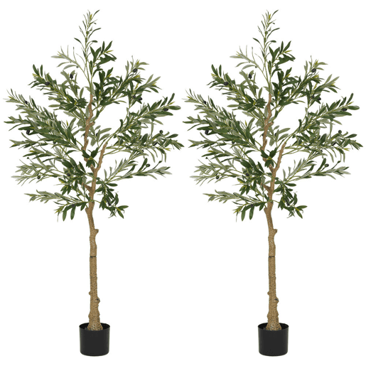 HOMCOM Conjunto de 2 Oliveiras Artificiais de 150 cm Plantas Artificiais Decorativas Grande Árvores Artificiais de Interior com 32 Azeitonas Decoração para Lar Escritório Varanda Quarto Verde