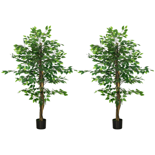 HOMCOM Conjunto de 2 Ficus Artificiais com Troncos Naturais 150 cm Plantas Artificiais com Vaso e 882 Folhas Árvores Artificiais Decoração para Casa Sala Escritório Verde