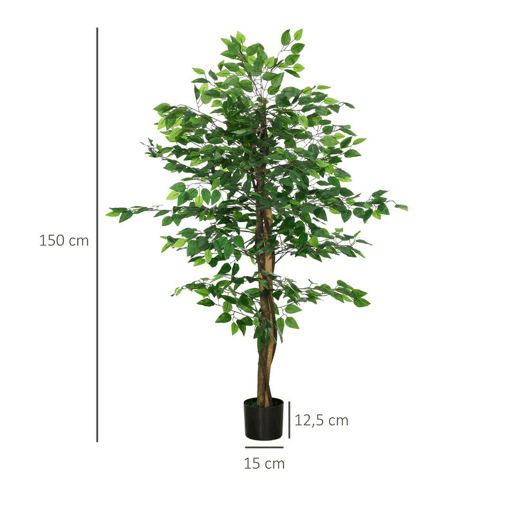 HOMCOM Conjunto de 2 Ficus Artificiais com Troncos Naturais 150 cm Plantas Artificiais com Vaso e 882 Folhas Árvores Artificiais Decoração para Casa Sala Escritório Verde