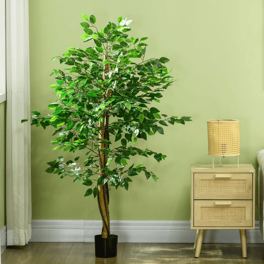 HOMCOM Conjunto de 2 Ficus Artificiais com Troncos Naturais 150 cm Plantas Artificiais com Vaso e 882 Folhas Árvores Artificiais Decoração para Casa Sala Escritório Verde