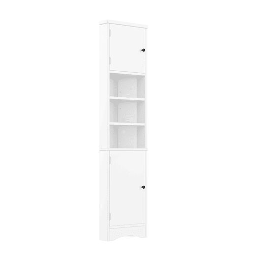 Armário de casa de banho triangular 36,5 x 24,5 x 170 cm - 3 prateleiras abertas, portas duplas, prateleiras ajustáveis, branco